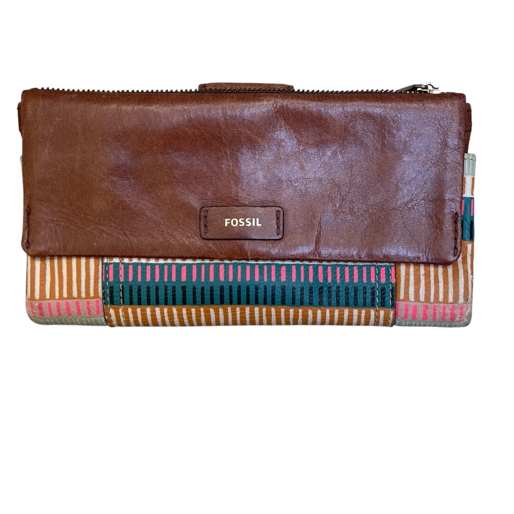 Fossil Ellis Leather Clutch Wallet Brown with Multicolor Adornment